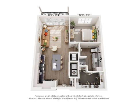 A 3D floor plan of a small apartment with a kitchen, living room, and bathroom.